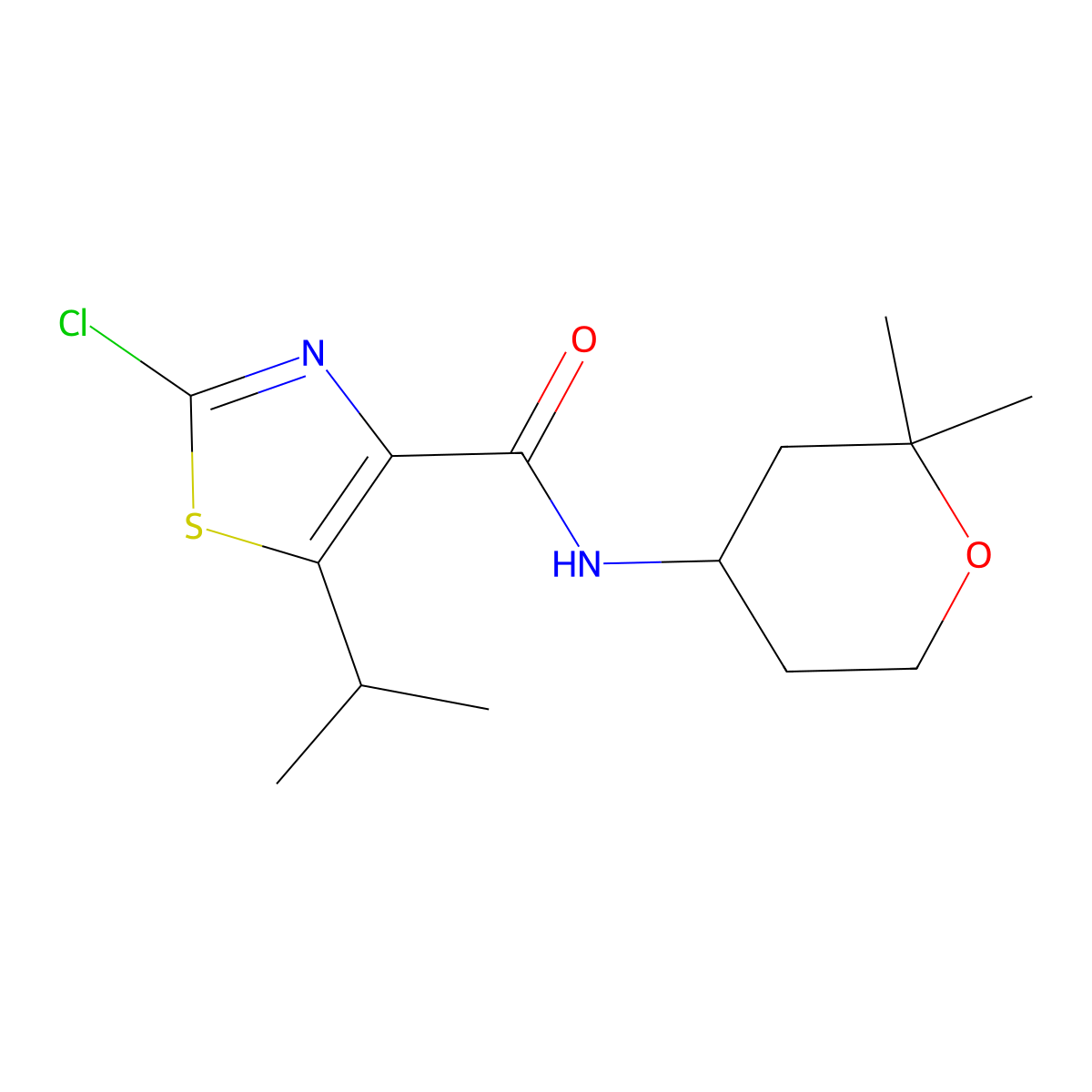 2-chloro-N-(2,2-dimethyltetrahydro-2H-pyran-4-yl)-5-(propan-2-yl)-1,3-thiazole-4-carboxamide molecular structure, CAS 1574379-23-9