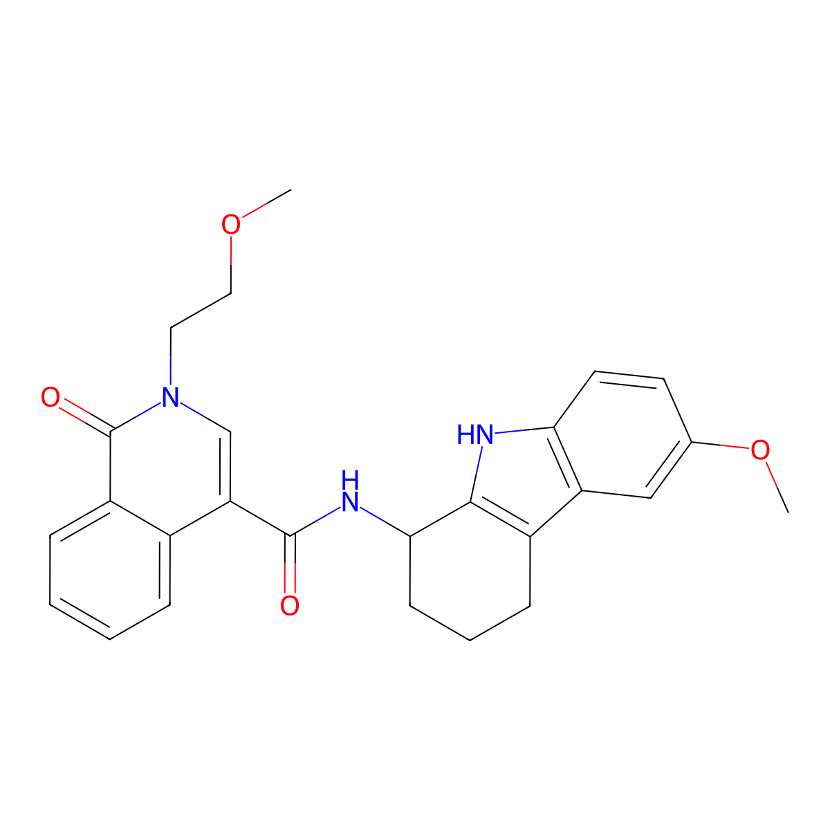 2-(2-methoxyethyl)-N-(6-methoxy-2,3,4,9-tetrahydro-1H-carbazol-1-yl)-1-oxo-1,2-dihydroisoquinoline-4-carboxamide molecular structure, CAS 1574380-00-9
