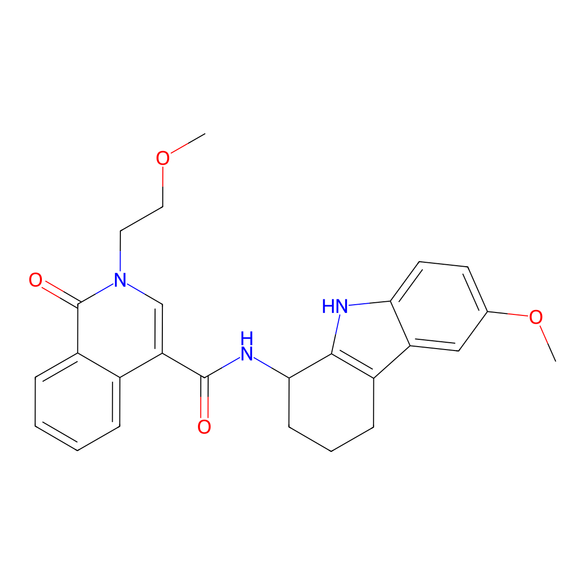 2-(2-methoxyethyl)-N-(6-methoxy-2,3,4,9-tetrahydro-1H-carbazol-1-yl)-1-oxo-1,2-dihydroisoquinoline-4-carboxamide molecular structure, CAS 1574380-00-9