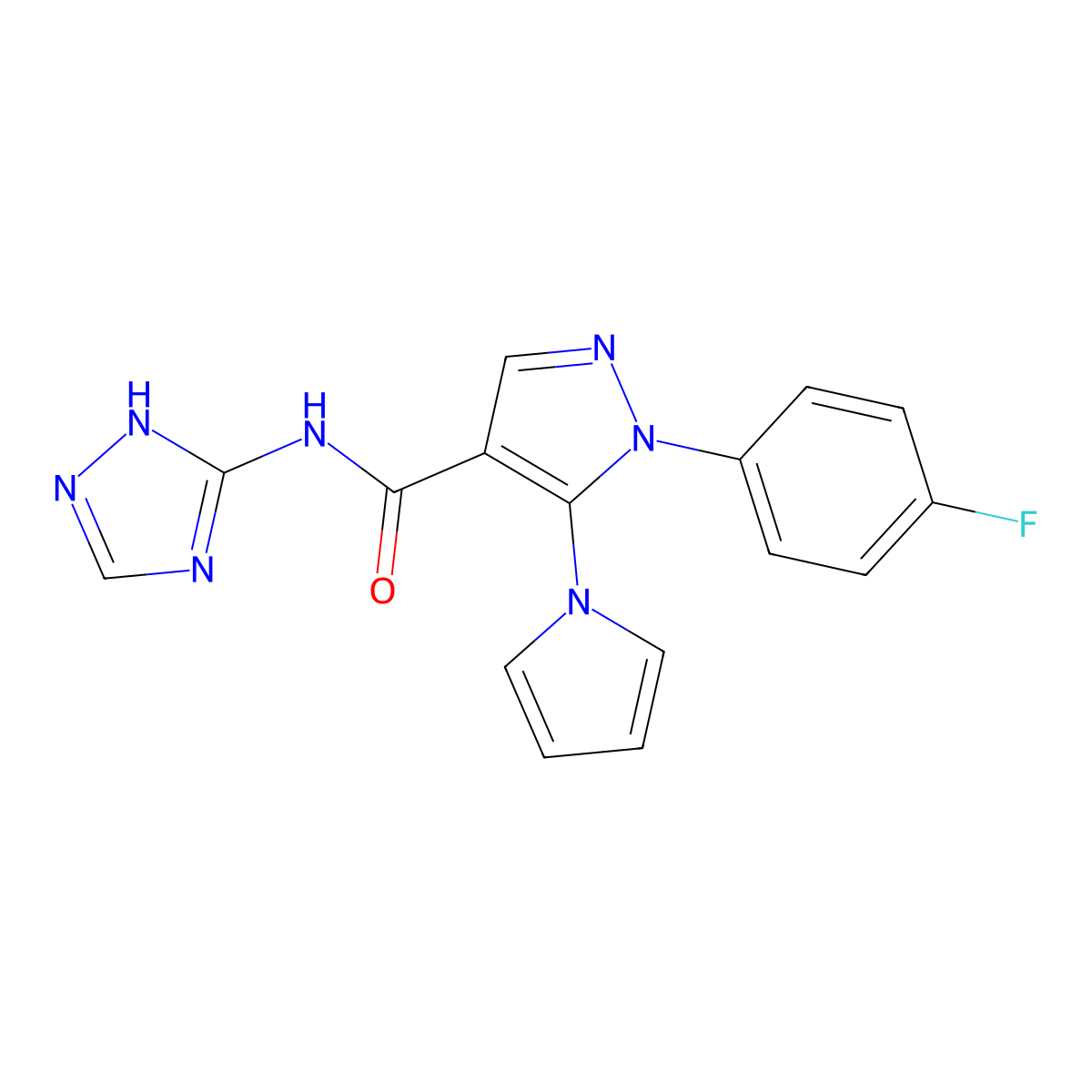 1-(4-fluorophenyl)-5-(1H-pyrrol-1-yl)-N-(4H-1,2,4-triazol-3-yl)-1H-pyrazole-4-carboxamide molecular structure, CAS 1574394-27-6