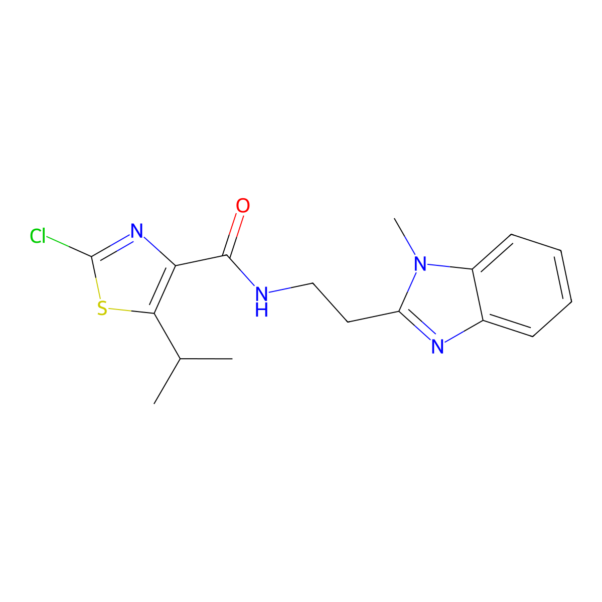 2-chloro-N-[2-(1-methyl-1H-benzimidazol-2-yl)ethyl]-5-(propan-2-yl)-1,3-thiazole-4-carboxamide molecular structure, CAS 1574397-82-2