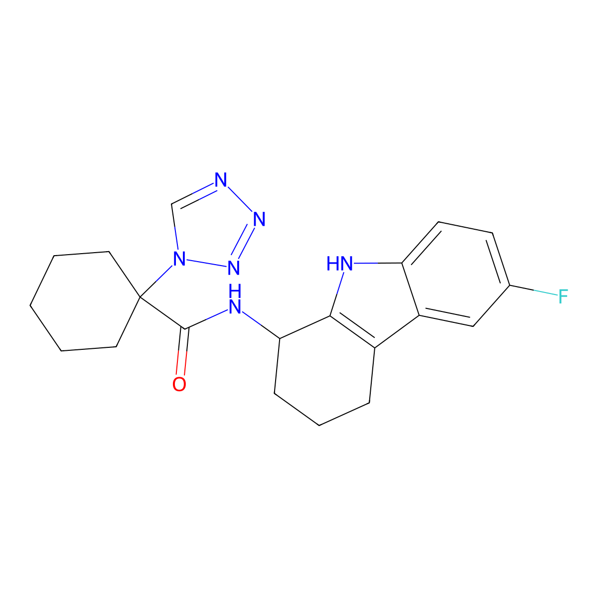 N-(6-fluoro-2,3,4,9-tetrahydro-1H-carbazol-1-yl)-1-(1H-tetrazol-1-yl)cyclohexanecarboxamide molecular structure, CAS 1574397-87-7