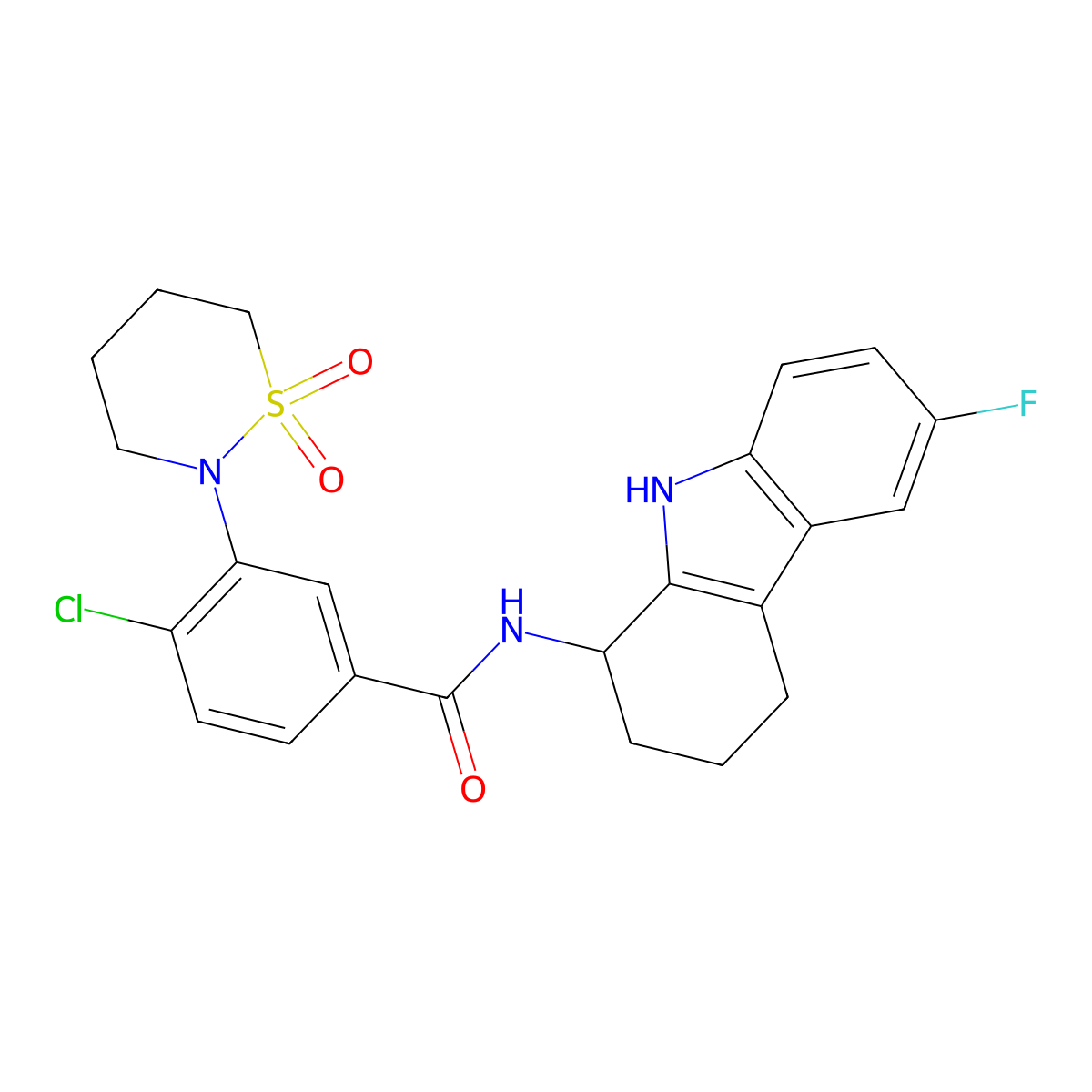 4-chloro-3-(1,1-dioxido-1,2-thiazinan-2-yl)-N-(6-fluoro-2,3,4,9-tetrahydro-1H-carbazol-1-yl)benzamide molecular structure, CAS 1574397-95-7