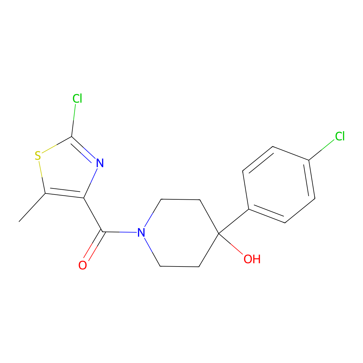 (2-Chloro-5-methyl-1,3-thiazol-4-yl)[4-(4-chlorophenyl)-4-hydroxypiperidin-1-yl]methanone molecular structure, CAS 1574398-07-4