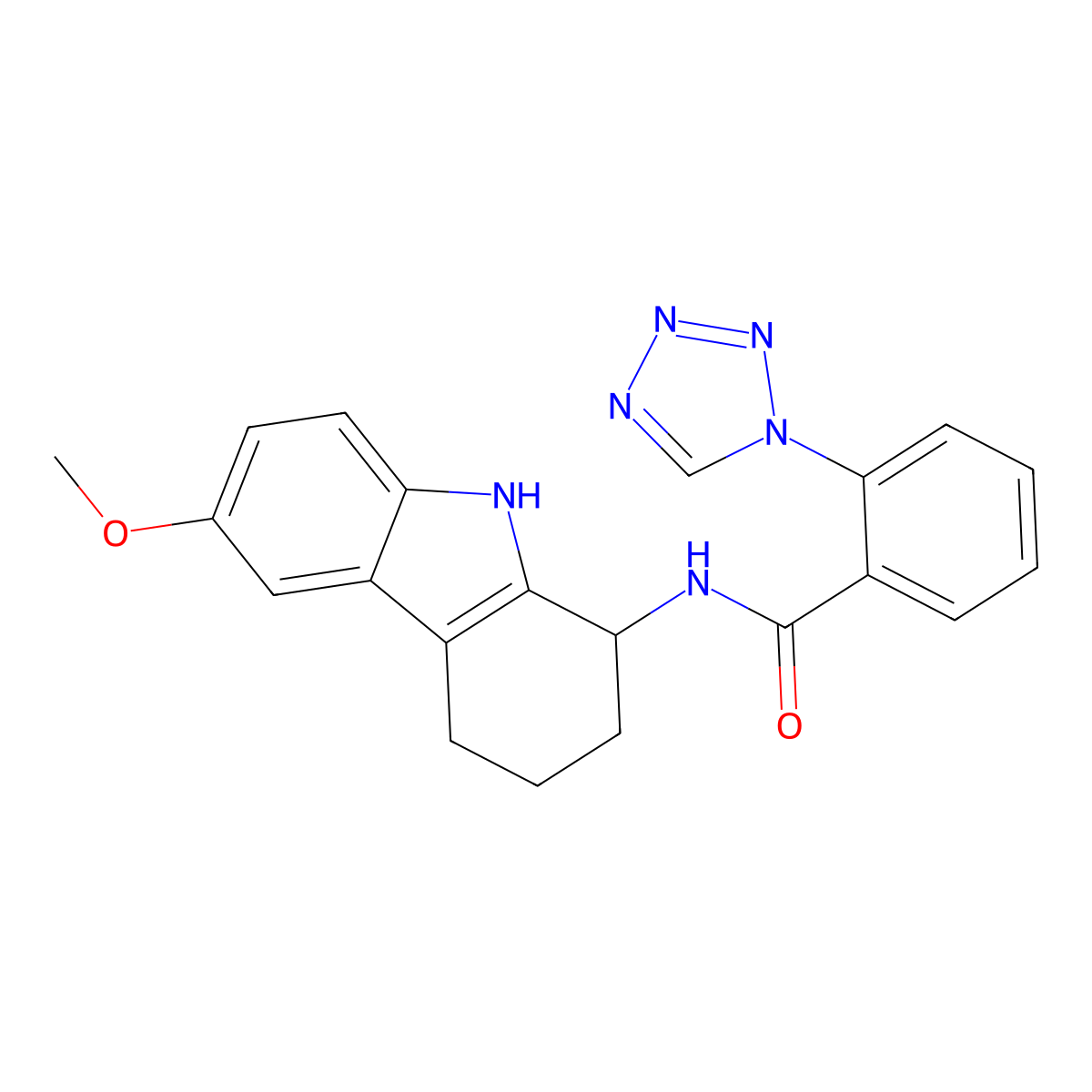 N-(6-methoxy-2,3,4,9-tetrahydro-1H-carbazol-1-yl)-2-(1H-tetrazol-1-yl)benzamide molecular structure, CAS 1574398-54-1