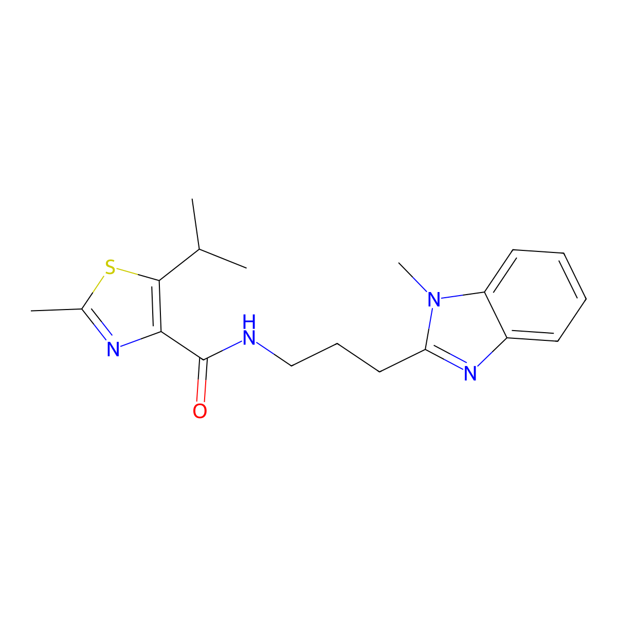 2-methyl-N-[3-(1-methyl-1H-benzimidazol-2-yl)propyl]-5-(propan-2-yl)-1,3-thiazole-4-carboxamide molecular structure, CAS 1574399-10-2