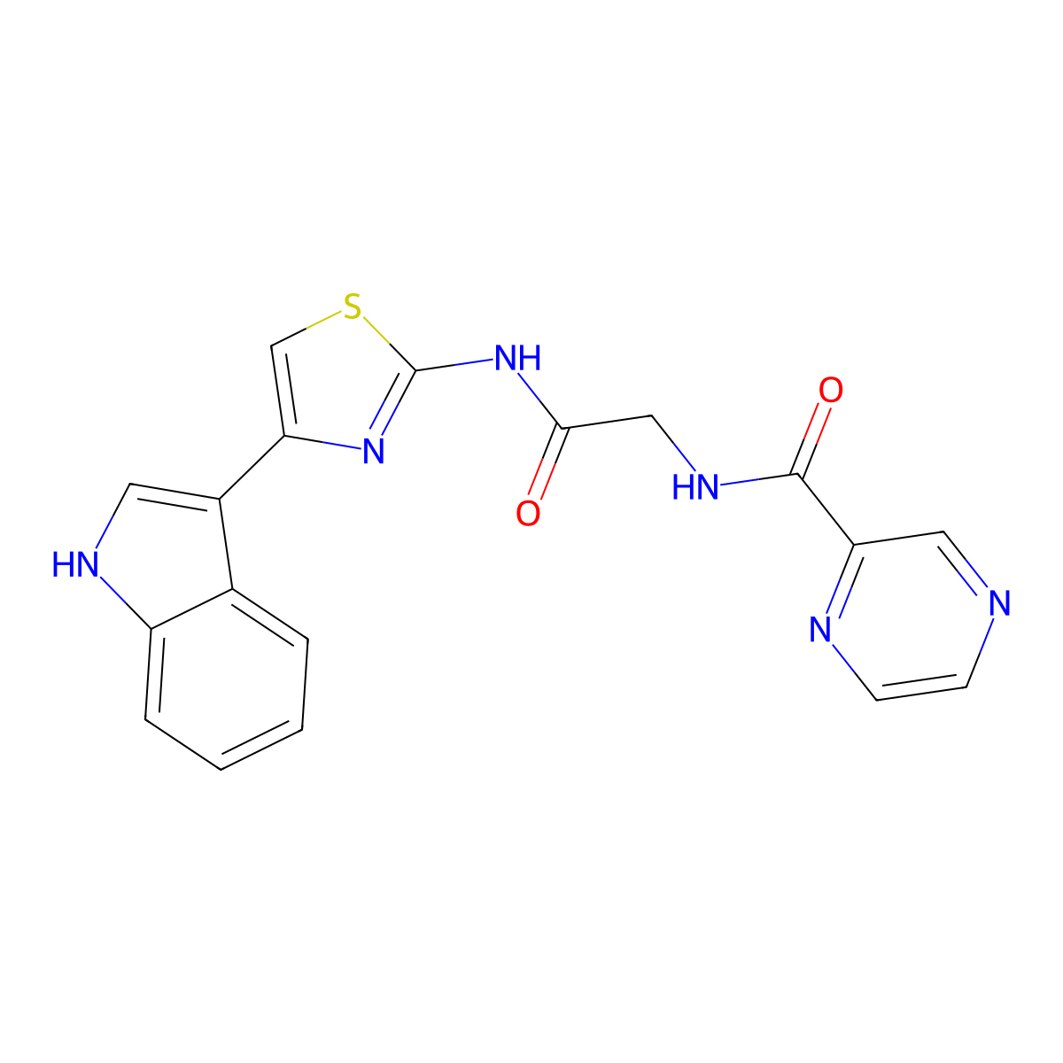 N-(2-((4-(1H-indol-3-yl)thiazol-2-yl)amino)-2-oxoethyl)pyrazine-2-carboxamide molecular structure, CAS 1574399-82-8