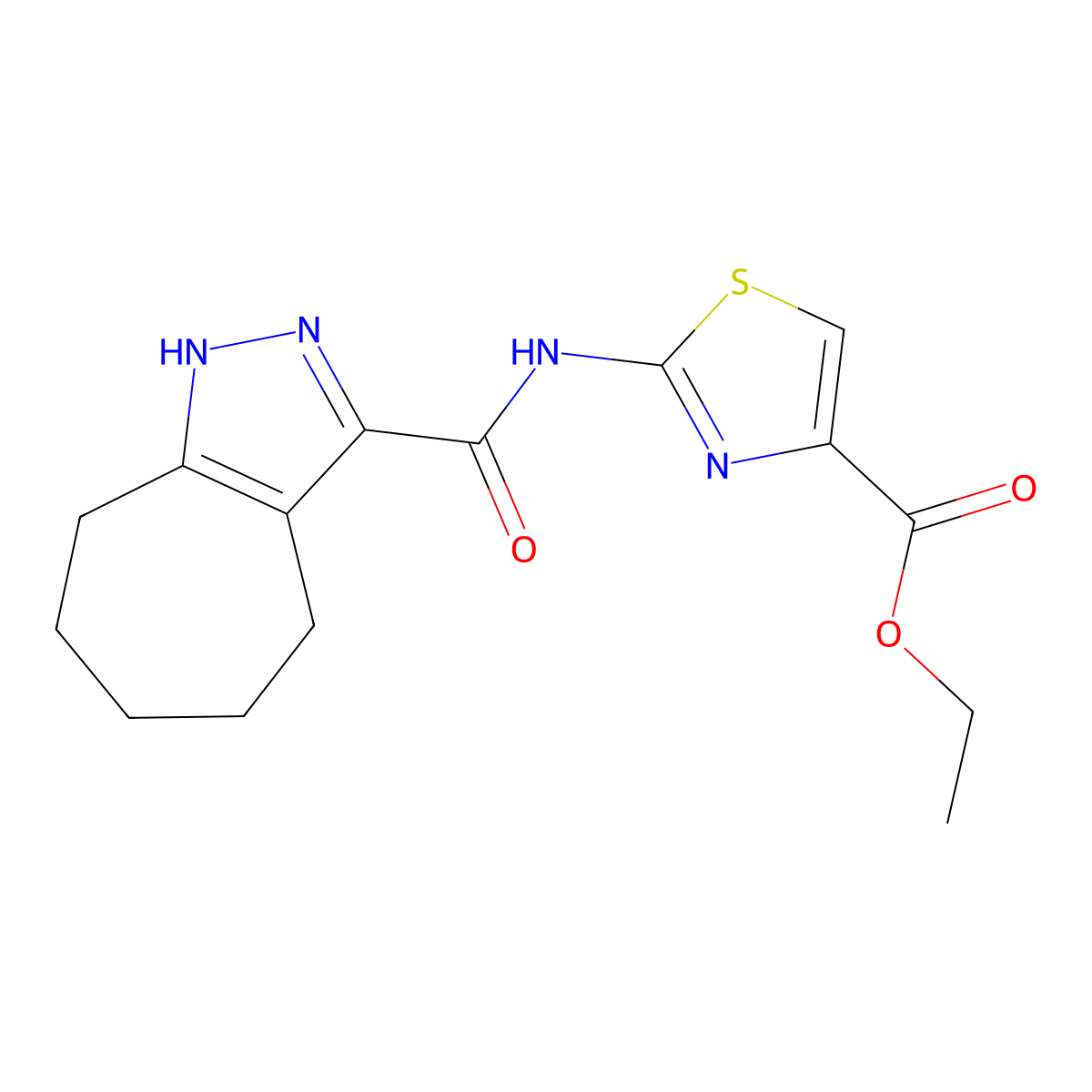 Ethyl 2-[(2,4,5,6,7,8-hexahydrocyclohepta[c]pyrazol-3-ylcarbonyl)amino]-1,3-thiazole-4-carboxylate molecular structure, CAS 1574401-03-8