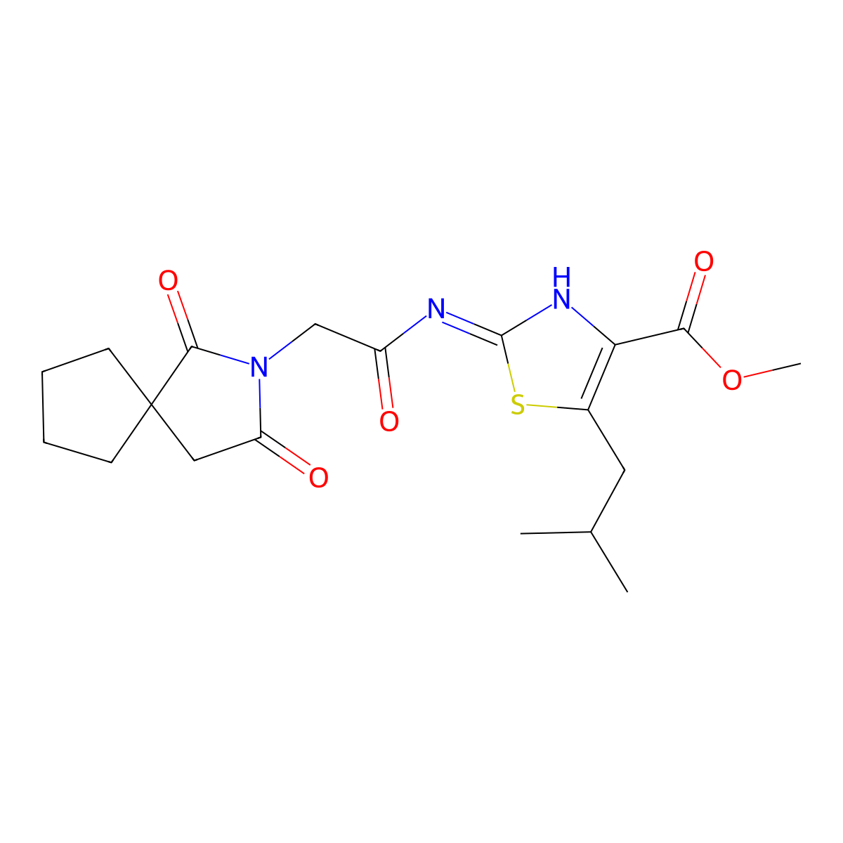 Methyl 2-{[(1,3-dioxo-2-azaspiro[4.4]non-2-yl)acetyl]amino}-5-(2-methylpropyl)-1,3-thiazole-4-carboxylate molecular structure, CAS 1574401-40-3