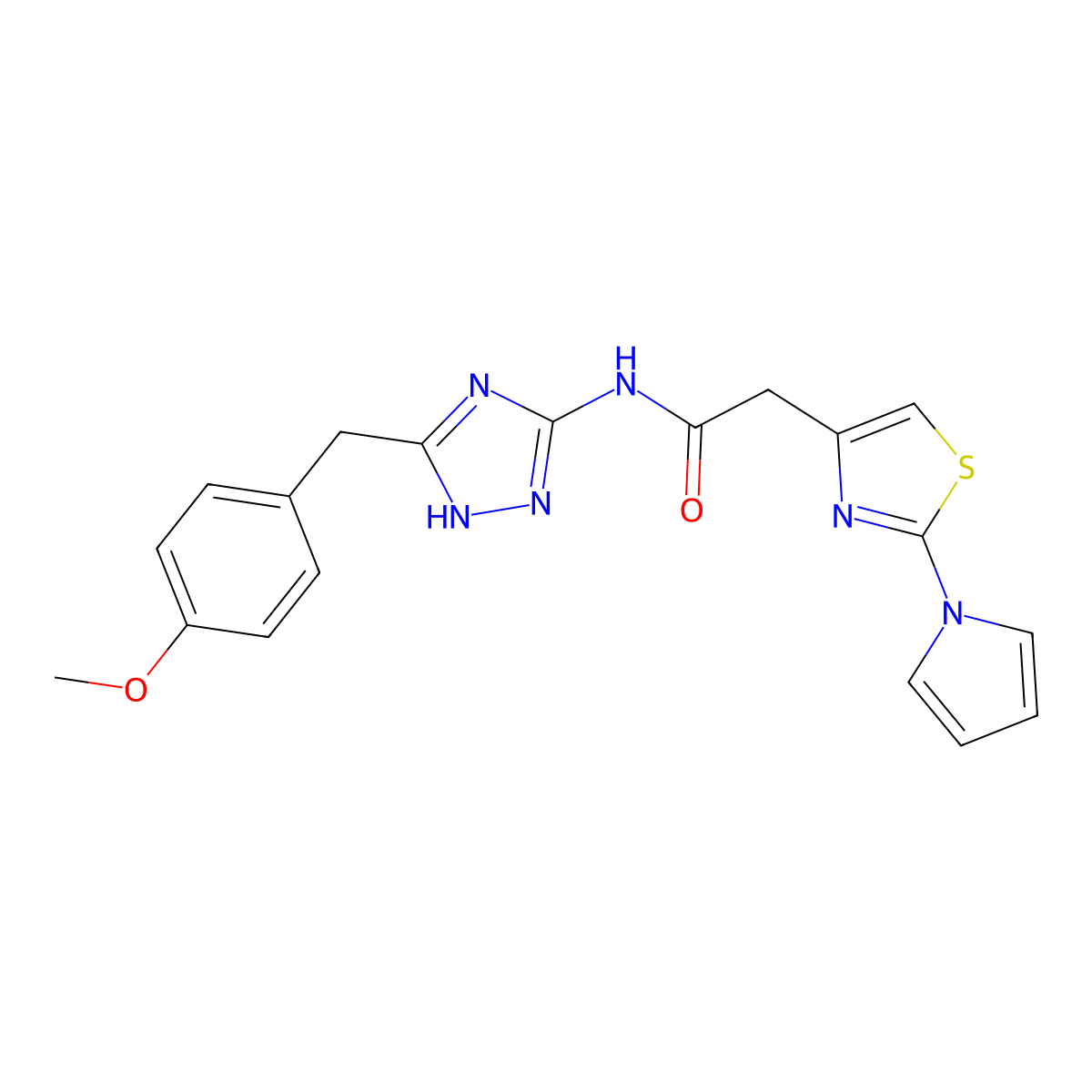 N-[3-(4-methoxybenzyl)-1H-1,2,4-triazol-5-yl]-2-[2-(1H-pyrrol-1-yl)-1,3-thiazol-4-yl]acetamide molecular structure, CAS 1574403-66-9