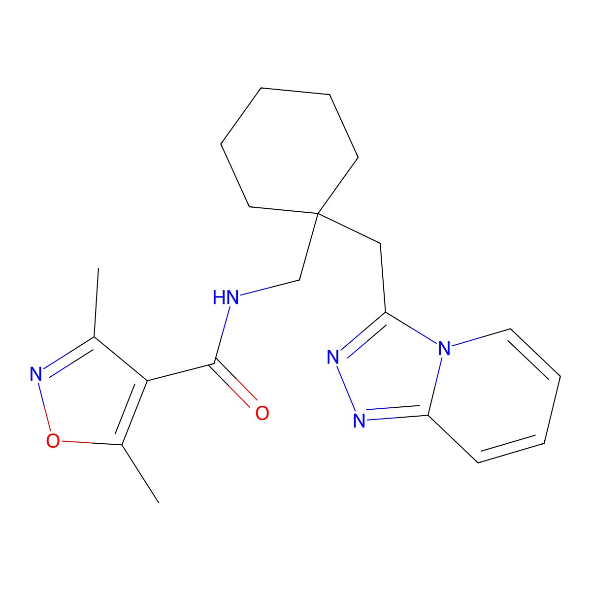 3,5-dimethyl-N-{[1-([1,2,4]triazolo[4,3-a]pyridin-3-ylmethyl)cyclohexyl]methyl}-4-isoxazolecarboxamide molecular structure, CAS 1574404-00-4