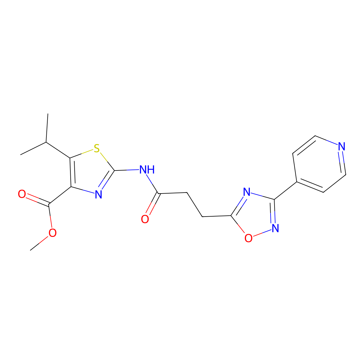 Methyl 5-(propan-2-yl)-2-({3-[3-(pyridin-4-yl)-1,2,4-oxadiazol-5-yl]propanoyl}amino)-1,3-thiazole-4-carboxylate molecular structure, CAS 1574404-05-9