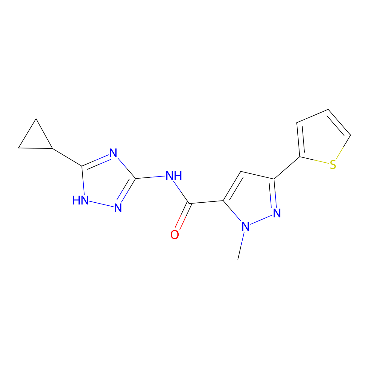 N-(3-cyclopropyl-1H-1,2,4-triazol-5-yl)-1-methyl-3-(thiophen-2-yl)-1H-pyrazole-5-carboxamide molecular structure, CAS 1574404-12-8