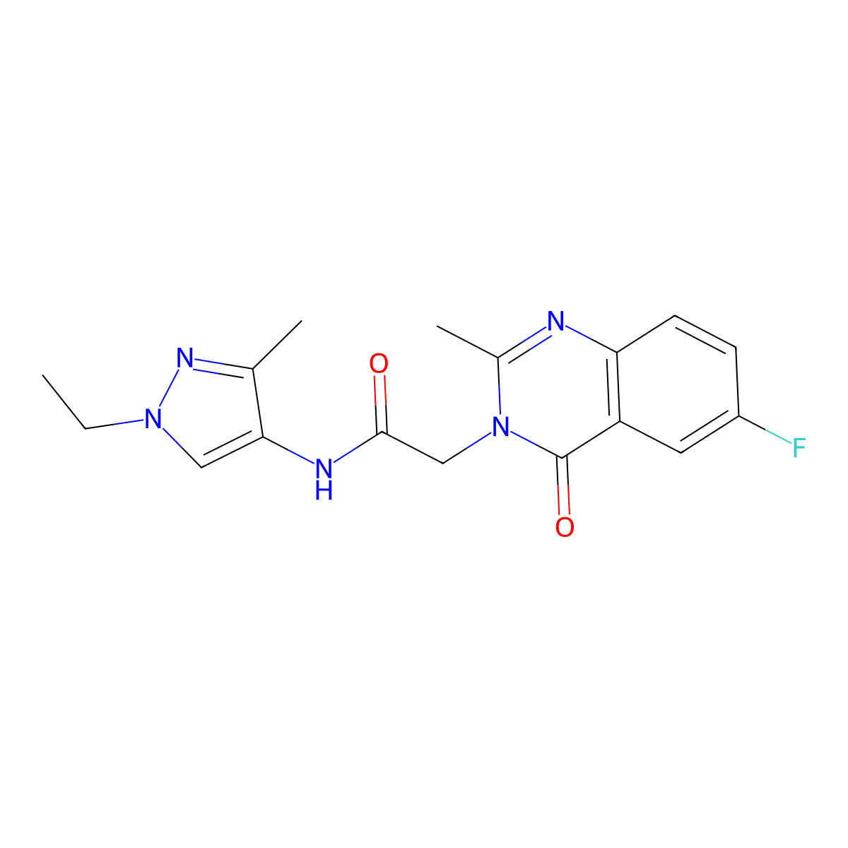 N-(1-ethyl-3-methyl-1H-pyrazol-4-yl)-2-(6-fluoro-2-methyl-4-oxoquinazolin-3(4H)-yl)acetamide molecular structure, CAS 1574404-23-1