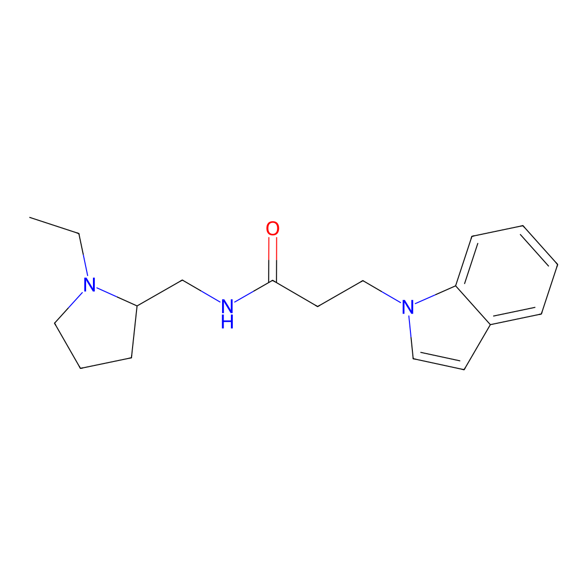 N-((1-ethylpyrrolidin-2-yl)methyl)-3-(1H-indol-1-yl)propanamide molecular structure, CAS 1574404-28-6