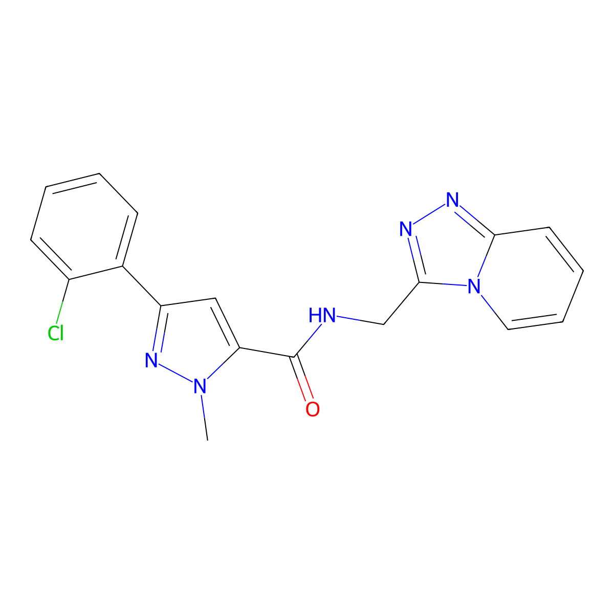 3-(2-chlorophenyl)-1-methyl-N-([1,2,4]triazolo[4,3-a]pyridin-3-ylmethyl)-1H-pyrazole-5-carboxamide molecular structure, CAS 1574404-53-7