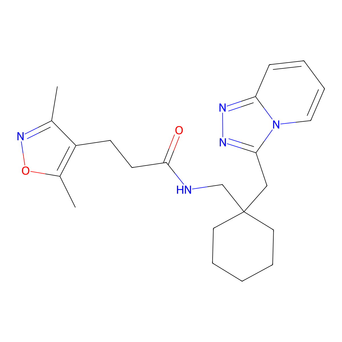 3-(3,5-dimethyl-4-isoxazolyl)-N-{[1-([1,2,4]triazolo[4,3-a]pyridin-3-ylmethyl)cyclohexyl]methyl}propanamide molecular structure, CAS 1574404-94-6