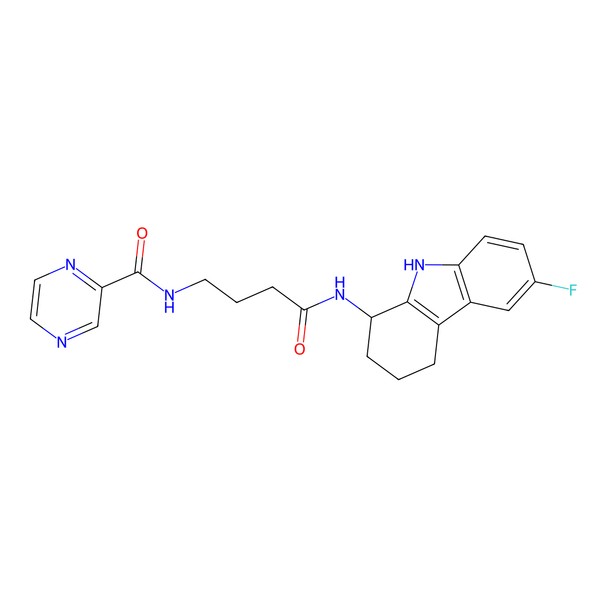 N-(4-((6-fluoro-2,3,4,9-tetrahydro-1H-carbazol-1-yl)amino)-4-oxobutyl)pyrazine-2-carboxamide molecular structure, CAS 1574405-06-3