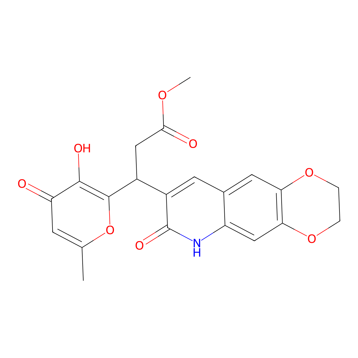 methyl 3-(3-hydroxy-6-methyl-4-oxo-4H-pyran-2-yl)-3-(7-oxo-2,3,6,7-tetrahydro-[1,4]dioxino[2,3-g]quinolin-8-yl)propanoate molecular structure, CAS 1574405-39-2