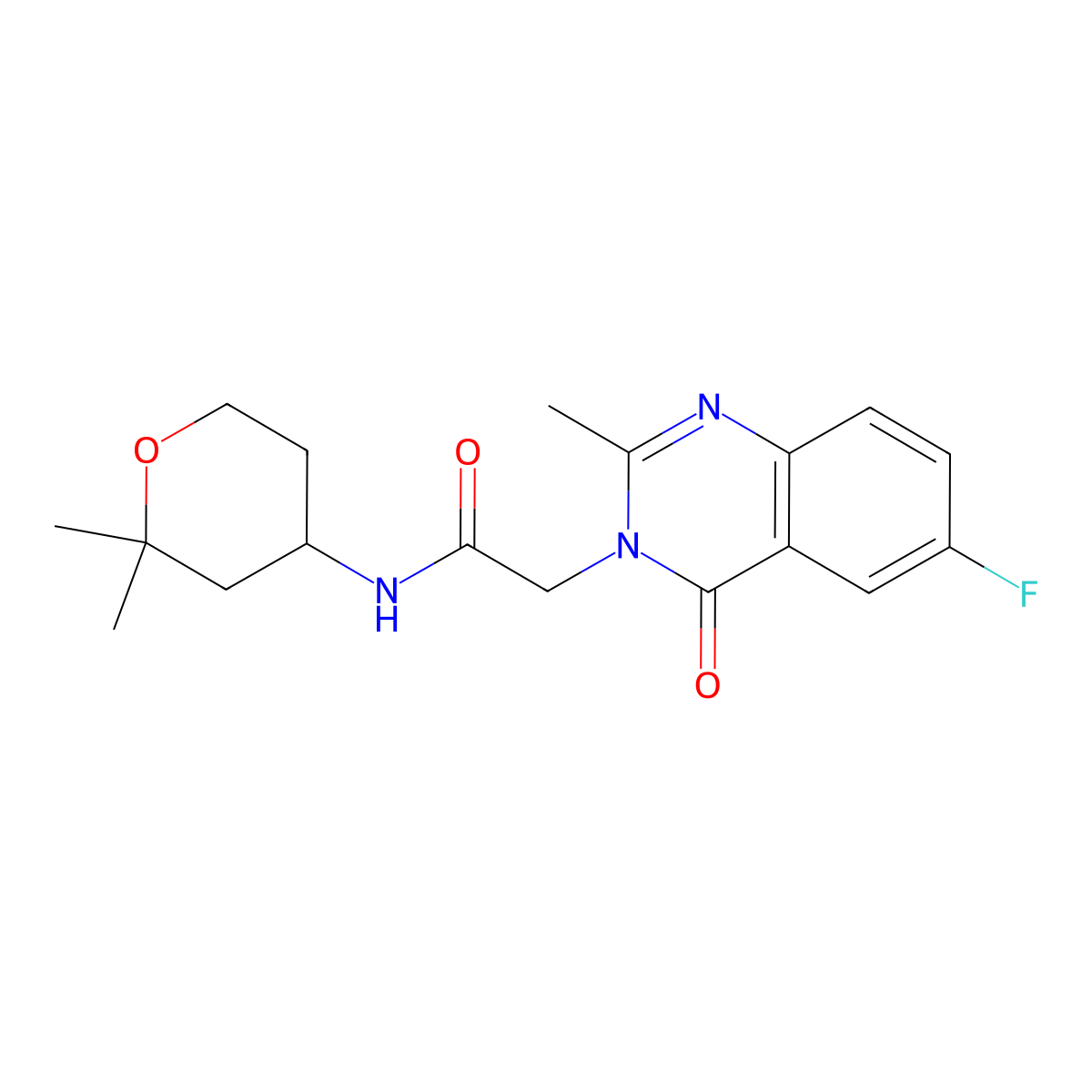 N-(2,2-dimethyltetrahydro-2H-pyran-4-yl)-2-(6-fluoro-2-methyl-4-oxoquinazolin-3(4H)-yl)acetamide molecular structure, CAS 1574405-89-2