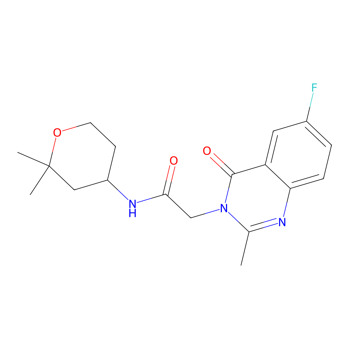 N-(2,2-dimethyltetrahydro-2H-pyran-4-yl)-2-(6-fluoro-2-methyl-4-oxoquinazolin-3(4H)-yl)acetamide molecular structure, CAS 1574405-89-2