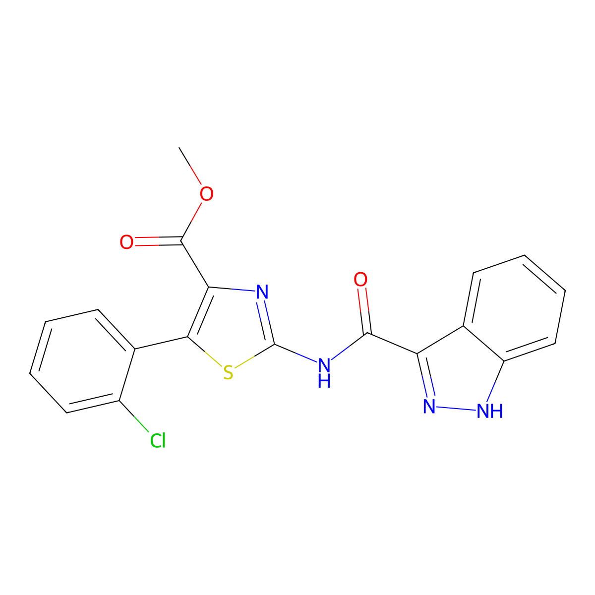 methyl 5-(2-chlorophenyl)-2-[(1H-indazol-3-ylcarbonyl)amino]-1,3-thiazole-4-carboxylate molecular structure, CAS 1574405-99-4