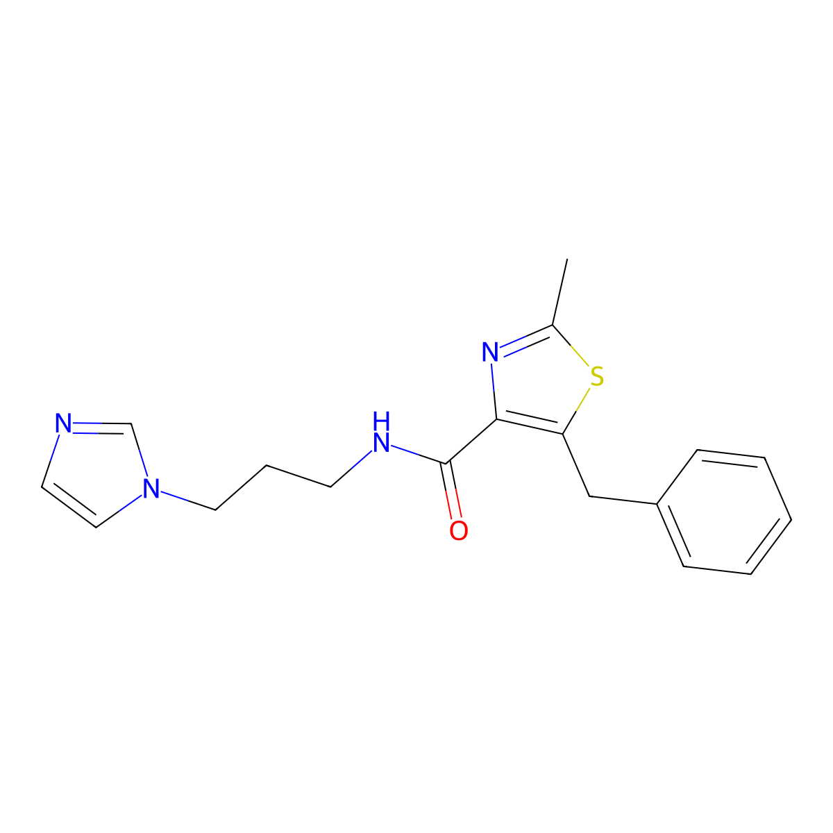 5-benzyl-N-[3-(1H-imidazol-1-yl)propyl]-2-methyl-1,3-thiazole-4-carboxamide molecular structure, CAS 1574406-34-0