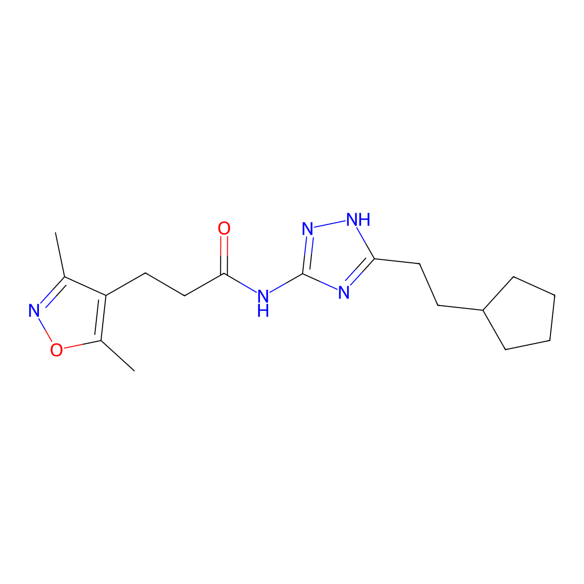 N-[3-(2-cyclopentylethyl)-1H-1,2,4-triazol-5-yl]-3-(3,5-dimethyl-1,2-oxazol-4-yl)propanamide molecular structure, CAS 1574406-55-5