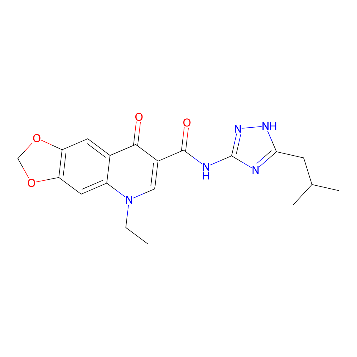 5-ethyl-N-[3-(2-methylpropyl)-1H-1,2,4-triazol-5-yl]-8-oxo-5,8-dihydro[1,3]dioxolo[4,5-g]quinoline-7-carboxamide molecular structure, CAS 1574406-83-9
