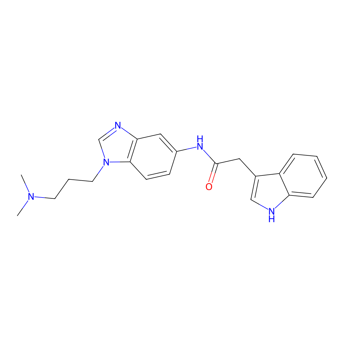 N-{1-[3-(dimethylamino)propyl]-1H-benzimidazol-5-yl}-2-(1H-indol-3-yl)acetamide molecular structure, CAS 1574407-20-7