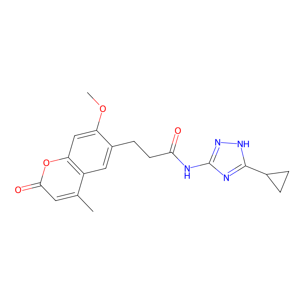 N-(3-cyclopropyl-1H-1,2,4-triazol-5-yl)-3-(7-methoxy-4-methyl-2-oxo-2H-chromen-6-yl)propanamide molecular structure, CAS 1574407-26-3