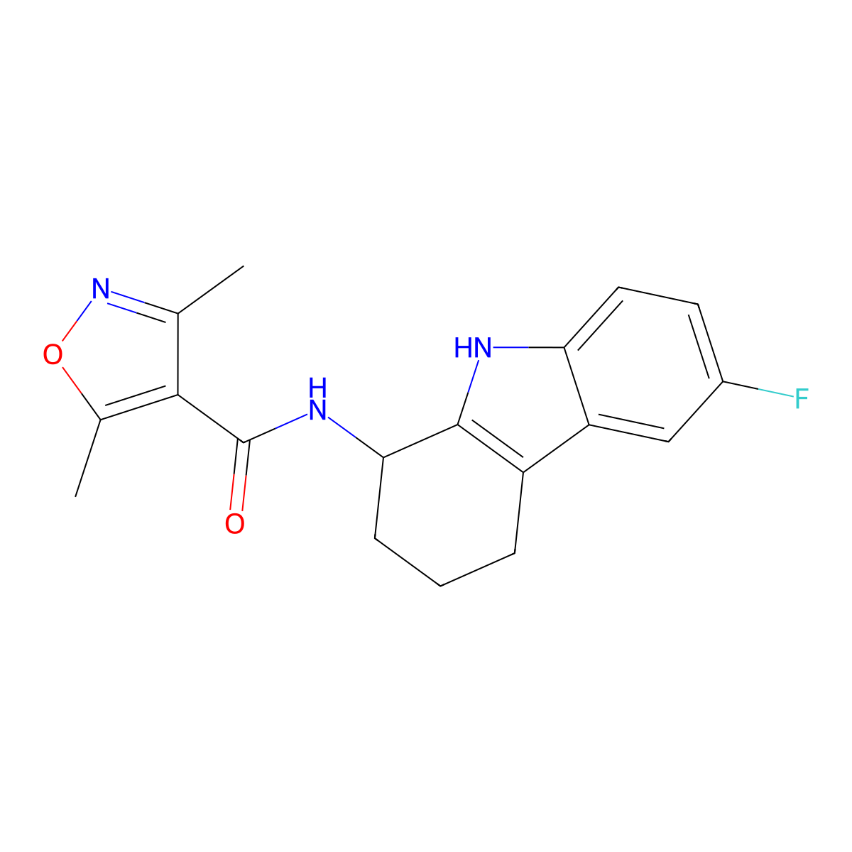 N-(6-fluoro-2,3,4,9-tetrahydro-1H-carbazol-1-yl)-3,5-dimethyl-4-isoxazolecarboxamide molecular structure, CAS 1574408-56-2