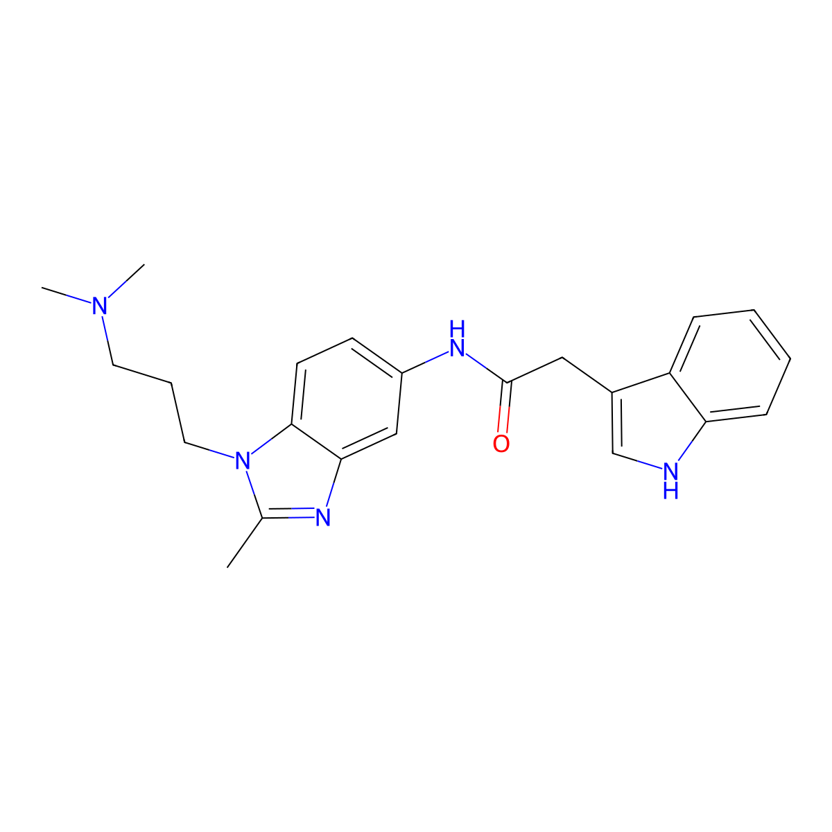 N-{1-[3-(dimethylamino)propyl]-2-methyl-1H-benzimidazol-5-yl}-2-(1H-indol-3-yl)acetamide molecular structure, CAS 1574408-72-2