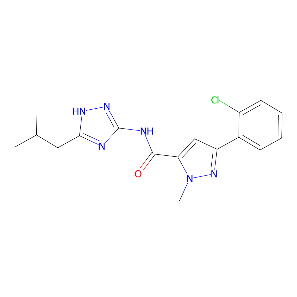 3-(2-chlorophenyl)-1-methyl-N-[3-(2-methylpropyl)-1H-1,2,4-triazol-5-yl]-1H-pyrazole-5-carboxamide molecular structure, CAS 1574408-89-1