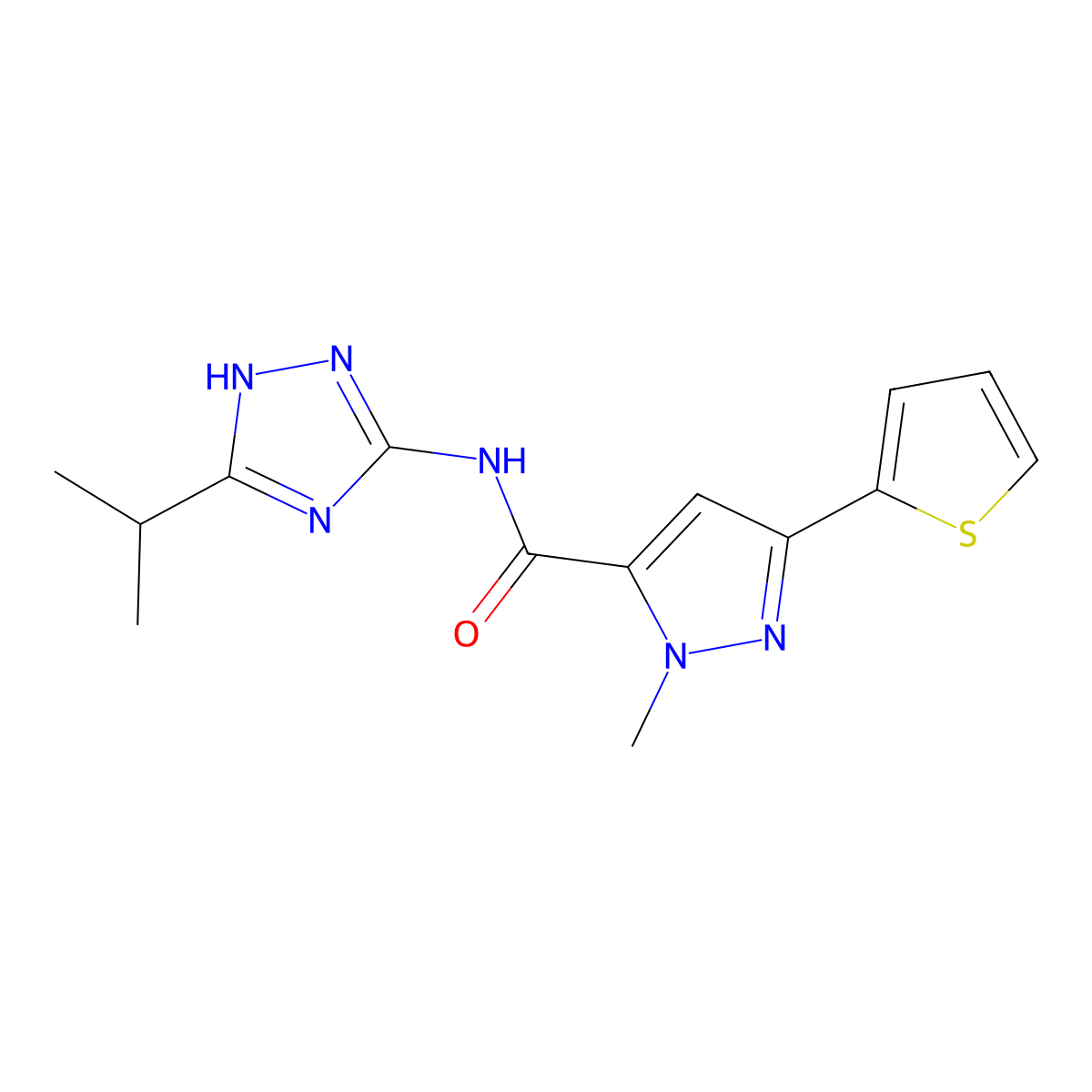 1-methyl-N-[3-(propan-2-yl)-1H-1,2,4-triazol-5-yl]-3-(thiophen-2-yl)-1H-pyrazole-5-carboxamide molecular structure, CAS 1574408-95-9