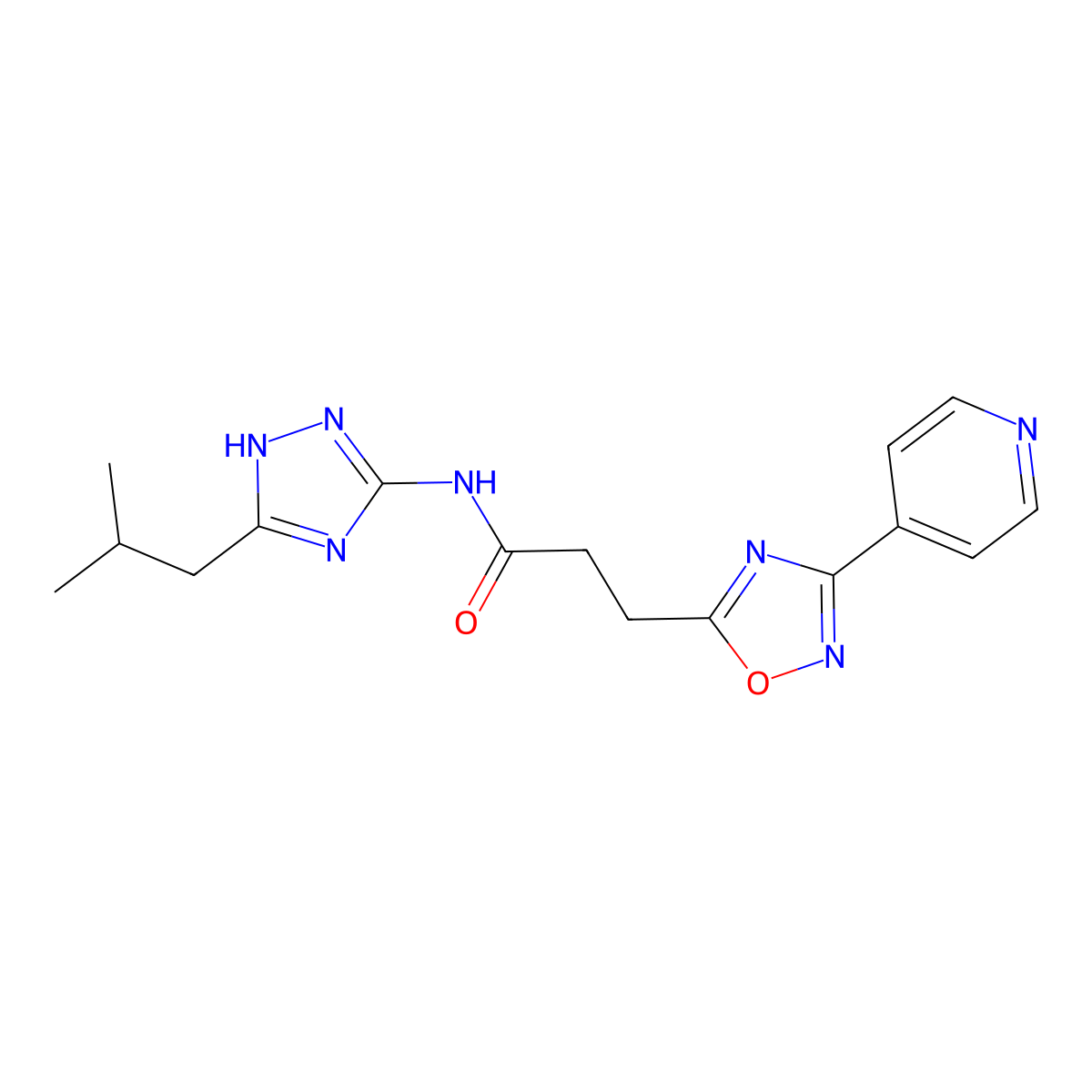 N-[3-(2-methylpropyl)-1H-1,2,4-triazol-5-yl]-3-[3-(pyridin-4-yl)-1,2,4-oxadiazol-5-yl]propanamide molecular structure, CAS 1574409-01-0