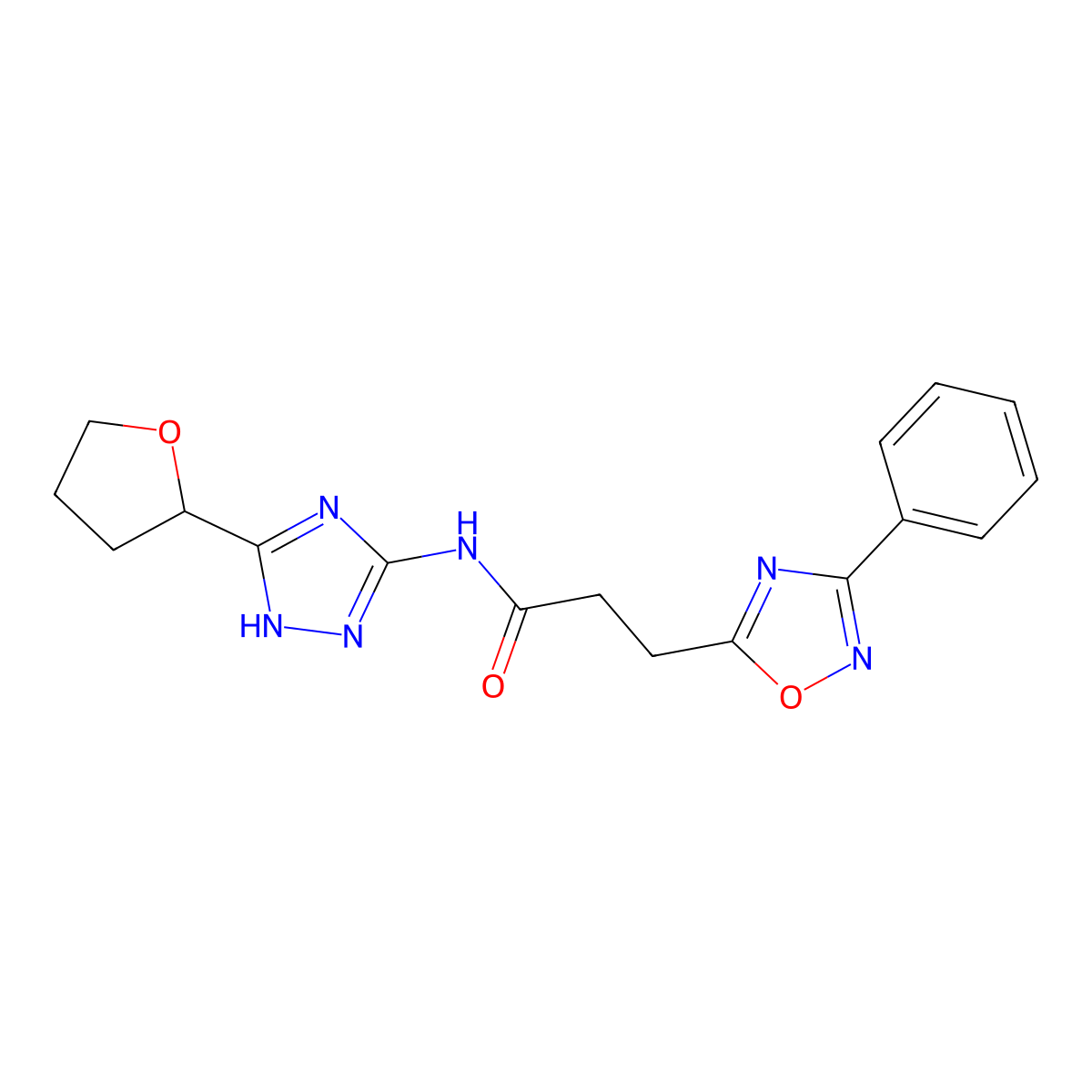 3-(3-phenyl-1,2,4-oxadiazol-5-yl)-N-[3-(tetrahydrofuran-2-yl)-1H-1,2,4-triazol-5-yl]propanamide molecular structure, CAS 1574409-65-6