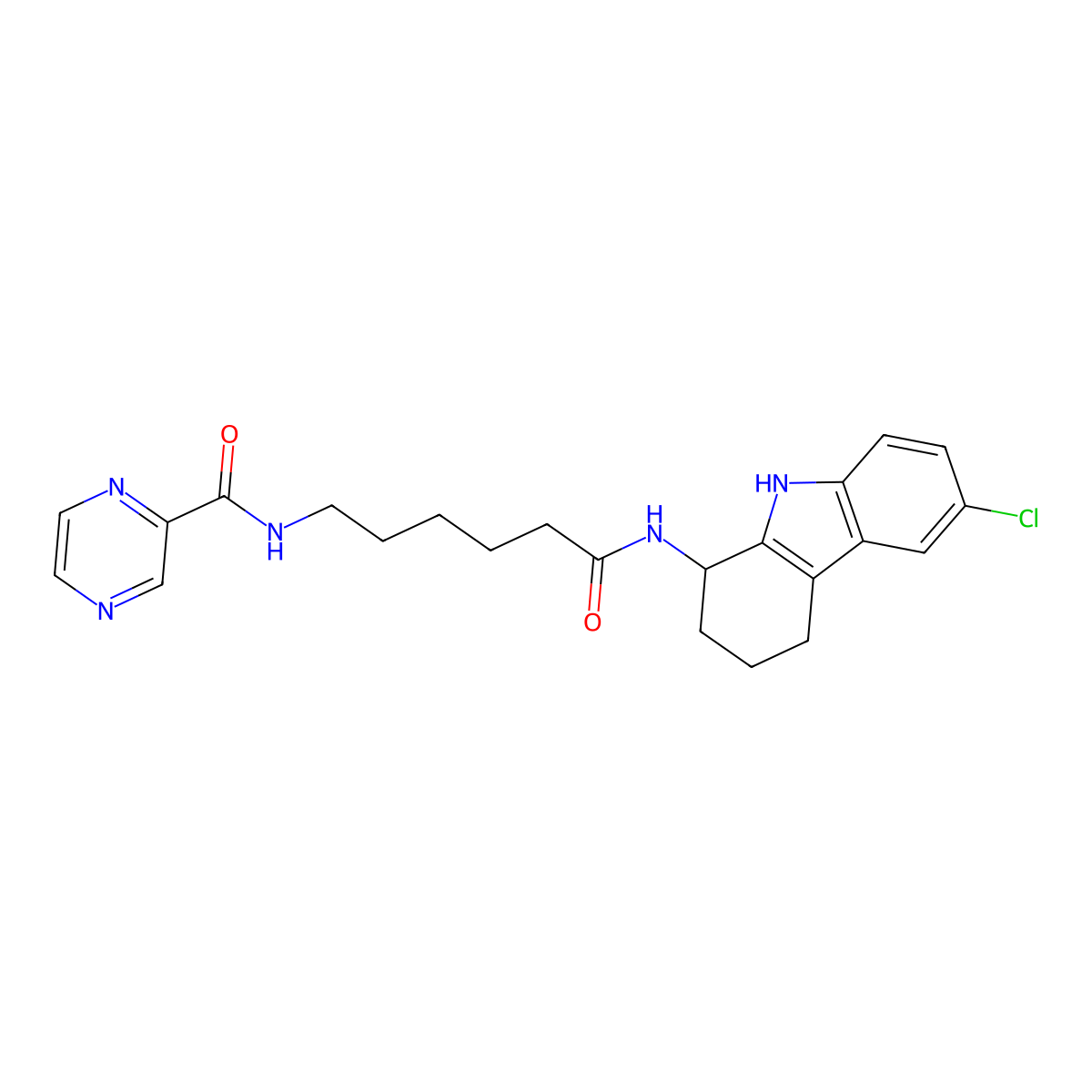 N-(6-((6-chloro-2,3,4,9-tetrahydro-1H-carbazol-1-yl)amino)-6-oxohexyl)pyrazine-2-carboxamide molecular structure, CAS 1574410-31-3