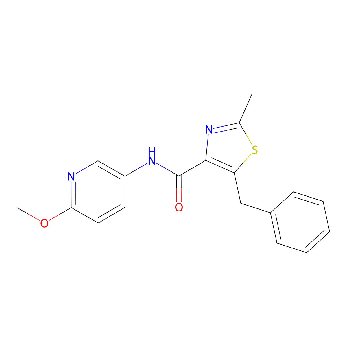 5-benzyl-N-(6-methoxypyridin-3-yl)-2-methyl-1,3-thiazole-4-carboxamide molecular structure, CAS 1574410-83-5