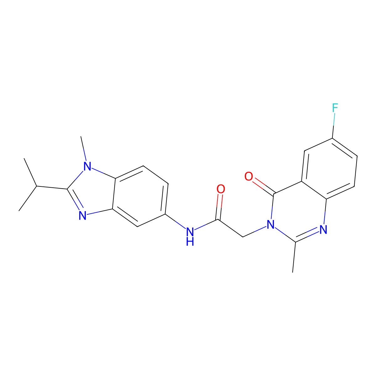 2-(6-fluoro-2-methyl-4-oxoquinazolin-3(4H)-yl)-N-[1-methyl-2-(propan-2-yl)-1H-benzimidazol-5-yl]acetamide molecular structure, CAS 1574411-21-4