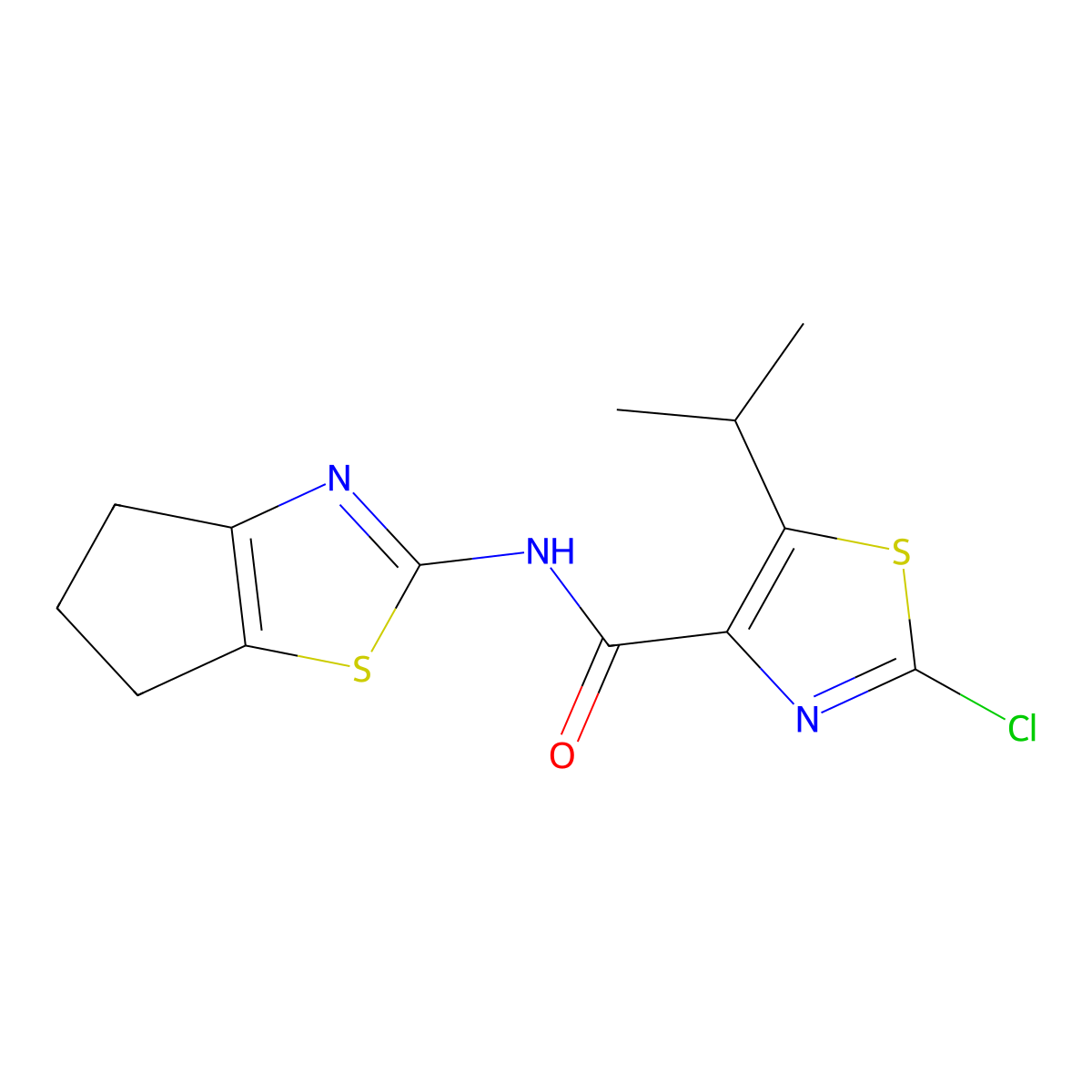 2-chloro-N-(5,6-dihydro-4H-cyclopenta[d][1,3]thiazol-2-yl)-5-(propan-2-yl)-1,3-thiazole-4-carboxamide molecular structure, CAS 1574411-26-9