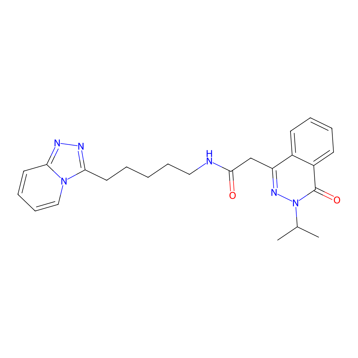 2-[4-oxo-3-(propan-2-yl)-3,4-dihydrophthalazin-1-yl]-N-[5-([1,2,4]triazolo[4,3-a]pyridin-3-yl)pentyl]acetamide molecular structure, CAS 1574411-50-9