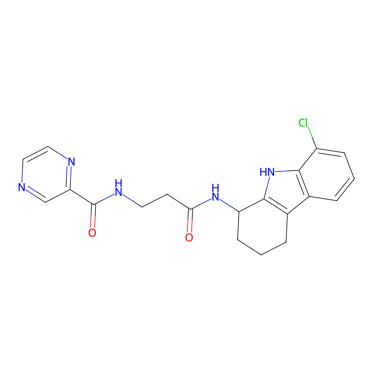N-(3-((8-chloro-2,3,4,9-tetrahydro-1H-carbazol-1-yl)amino)-3-oxopropyl)pyrazine-2-carboxamide molecular structure, CAS 1574411-51-0