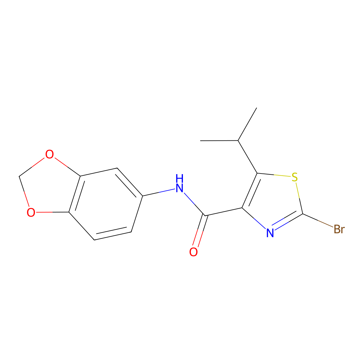 N-(1,3-benzodioxol-5-yl)-2-bromo-5-isopropyl-1,3-thiazole-4-carboxamide molecular structure, CAS 1574465-30-7