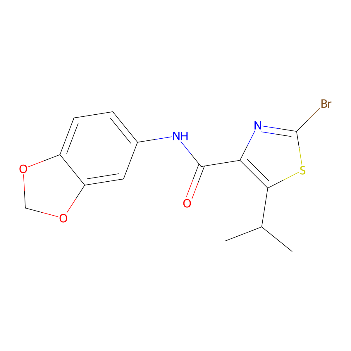 N-(1,3-benzodioxol-5-yl)-2-bromo-5-isopropyl-1,3-thiazole-4-carboxamide molecular structure, CAS 1574465-30-7