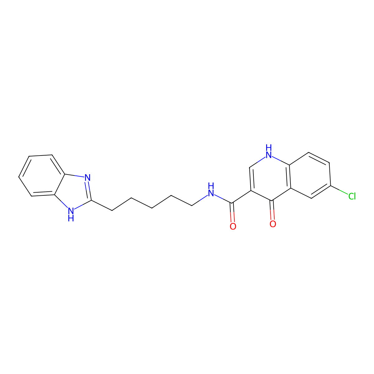 N-(5-(1H-benzo[d]imidazol-2-yl)pentyl)-6-chloro-4-hydroxyquinoline-3-carboxamide molecular structure, CAS 1574465-38-5