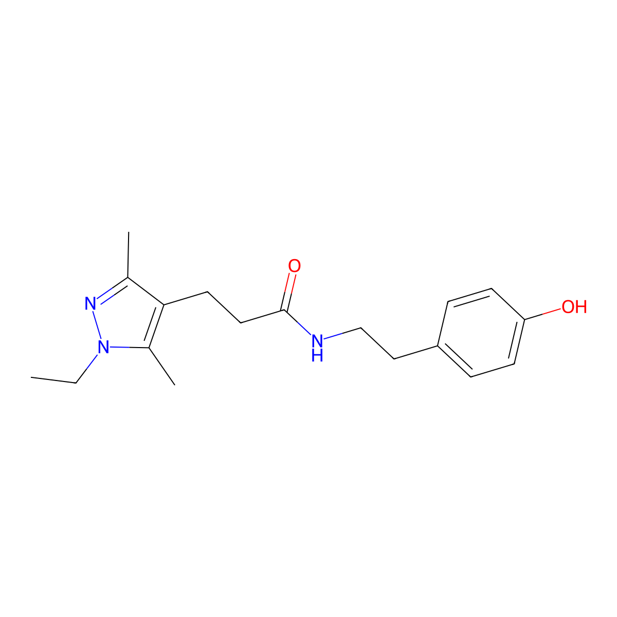 3-(1-ethyl-3,5-dimethyl-1H-pyrazol-4-yl)-N-[2-(4-hydroxyphenyl)ethyl]propanamide molecular structure, CAS 1574465-41-0