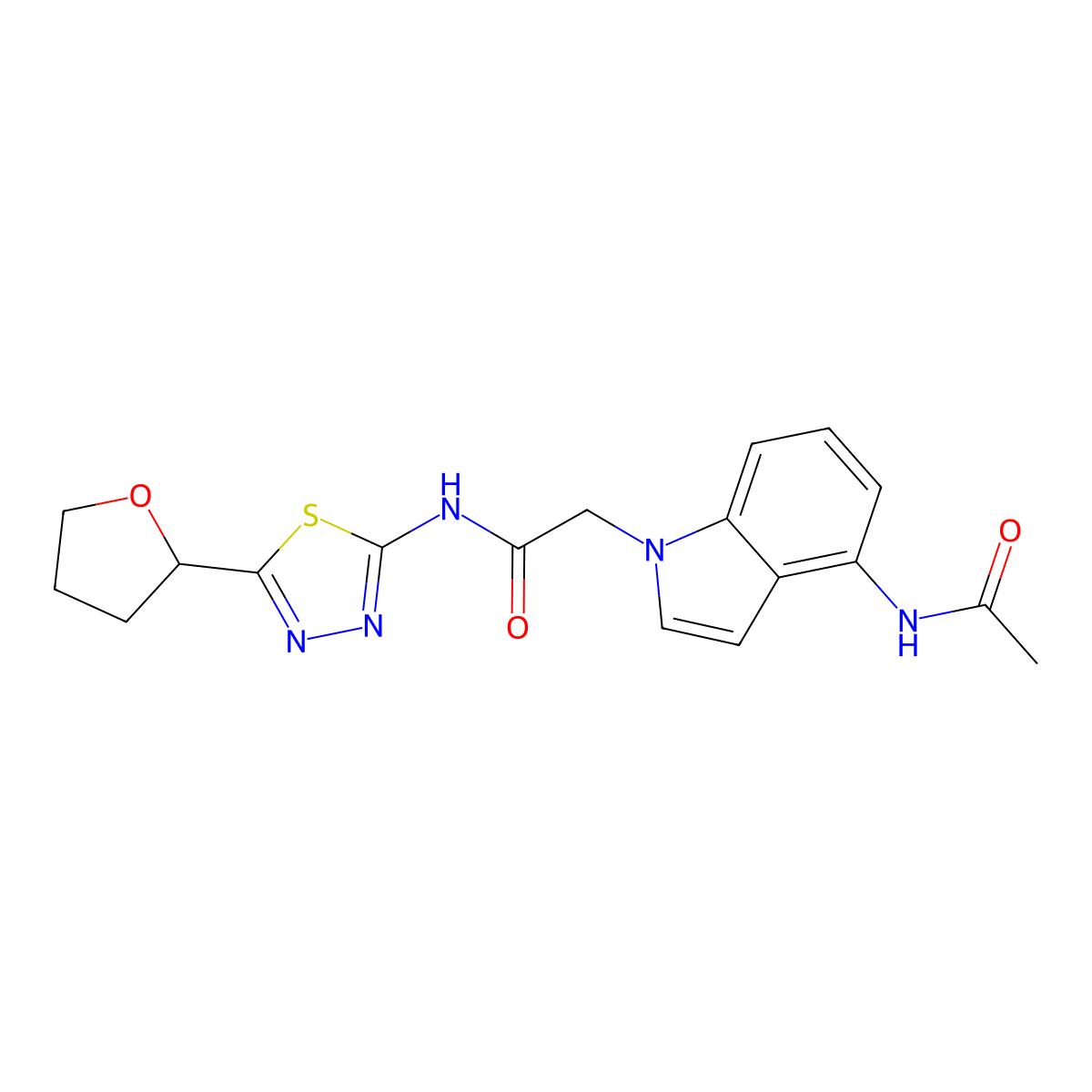 2-(4-acetamido-1H-indol-1-yl)-N-(5-(tetrahydrofuran-2-yl)-1,3,4-thiadiazol-2-yl)acetamide molecular structure, CAS 1574465-46-5