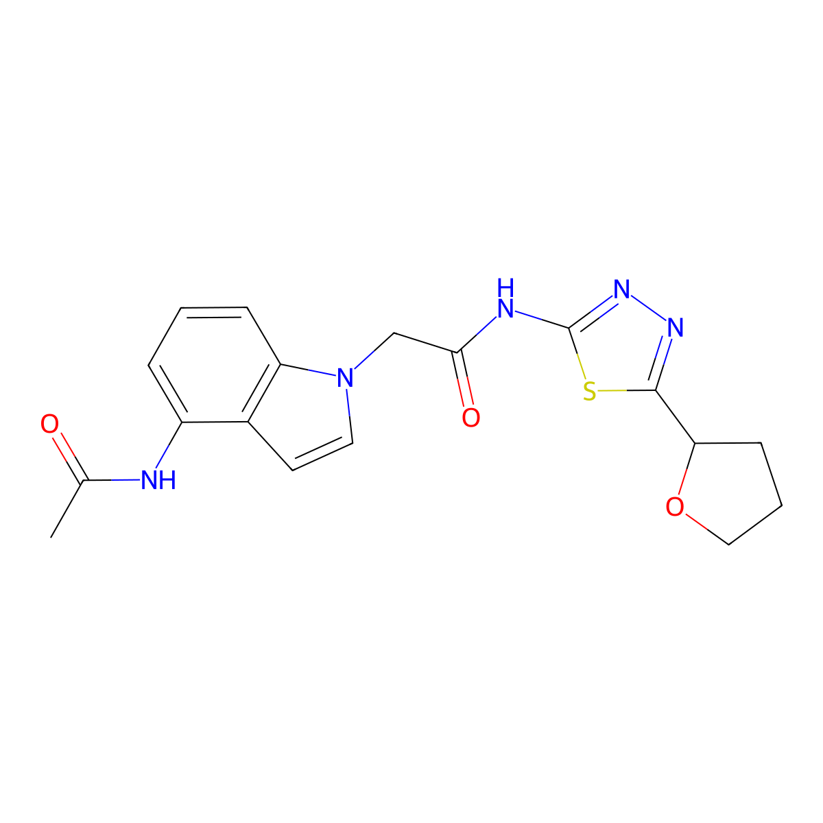 2-(4-acetamido-1H-indol-1-yl)-N-(5-(tetrahydrofuran-2-yl)-1,3,4-thiadiazol-2-yl)acetamide molecular structure, CAS 1574465-46-5
