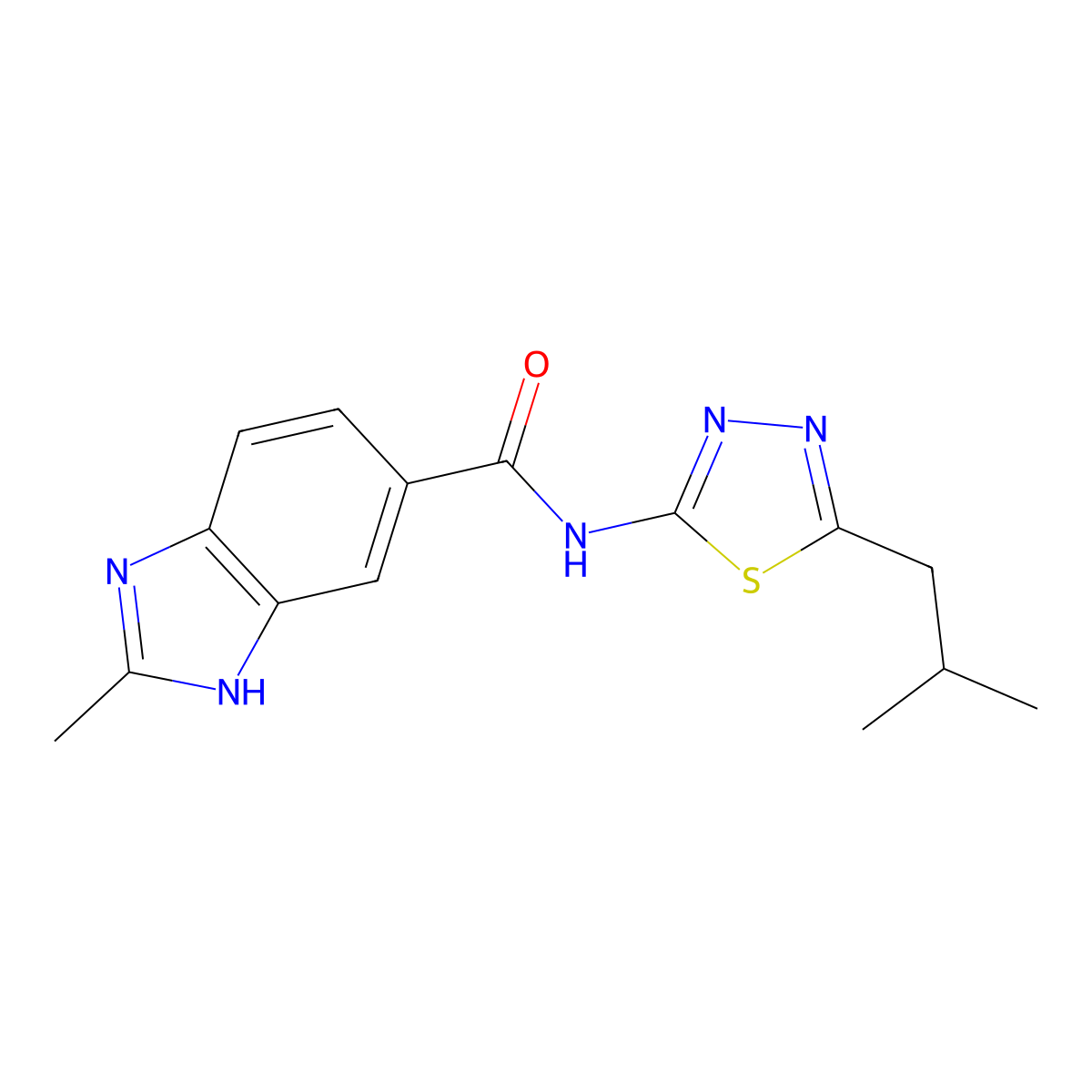 2-methyl-N-[5-(2-methylpropyl)-1,3,4-thiadiazol-2-yl]-1H-benzimidazole-5-carboxamide molecular structure, CAS 1574465-56-7